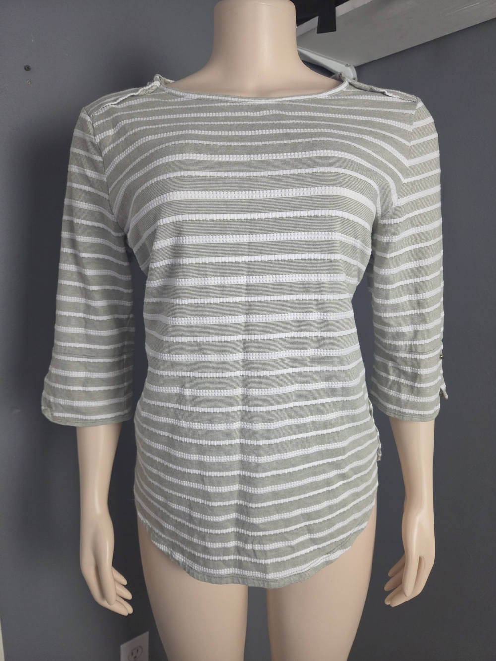 Women's Sage Green and White Striped Boatneck Top